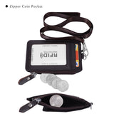 HAWEE Badge Holder with Zipper Genuine Leather RFID Keychain Wallet Neck Lanyards with Swivel Hook for Card/ Coin/ Cash, Black