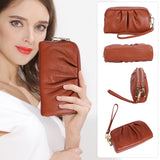 HAWEE Women's Wristlet Wallet Genuine Leather Double Zipper Casual Ruched Clutch Purse, Green