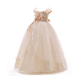 HAWEE Flower Girls Embroidery Lace Bridesmaid Dress Beaded Wedding Party Full Length Dance Gown for Girls 4-14 Years - KAMO