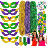 196pcs Mardi Gras Party Kit: Beads, Masks & Decorations - Reusable for Parades, Masquerade Balls - KAMO