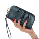 HAWEE Women's Wristlet Wallet Genuine Leather Double Zipper Casual Ruched Clutch Purse, Green