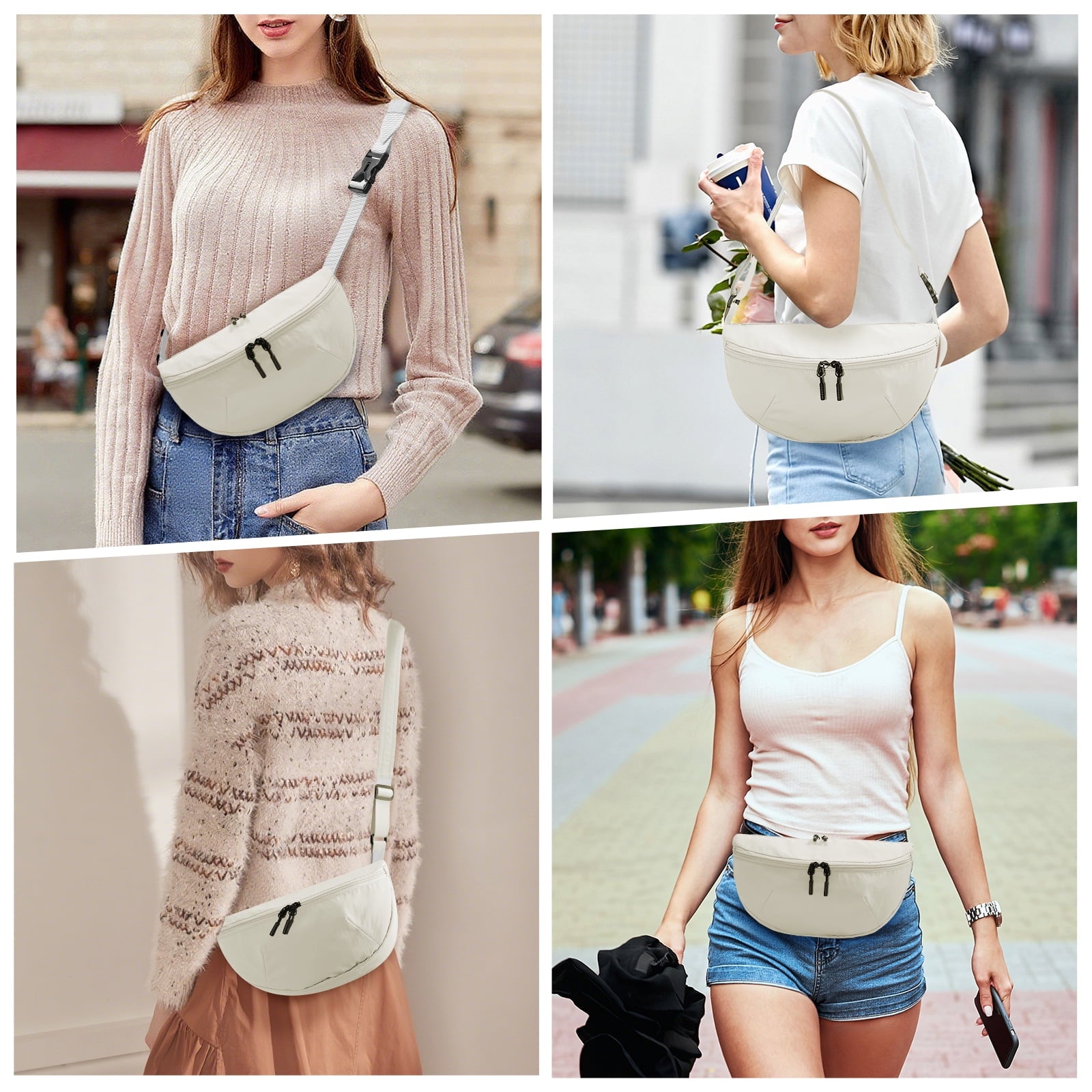 HAWEE Pure Colour Crossbody Bag Bum Bag for Women,Two Way Zipper Belt Bag with Adjustable Strap,Fashion Waist Packs for Traveling Workout - KAMO
