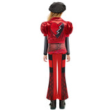 Kids Red Costume Girls Short Sleeves Jacket Top Flared Pants Wig 4pcs Halloween Princess Dress up 5-15Y