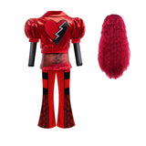 Kids Red Costume Girls Short Sleeves Jacket Top Flared Pants Wig 4pcs Halloween Princess Dress up 5-15Y