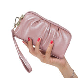 HAWEE Women's Wristlet Wallet Genuine Leather Double Zipper Casual Ruched Clutch Purse, Green