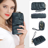 HAWEE Women's Wristlet Wallet Genuine Leather Double Zipper Casual Ruched Clutch Purse, Green