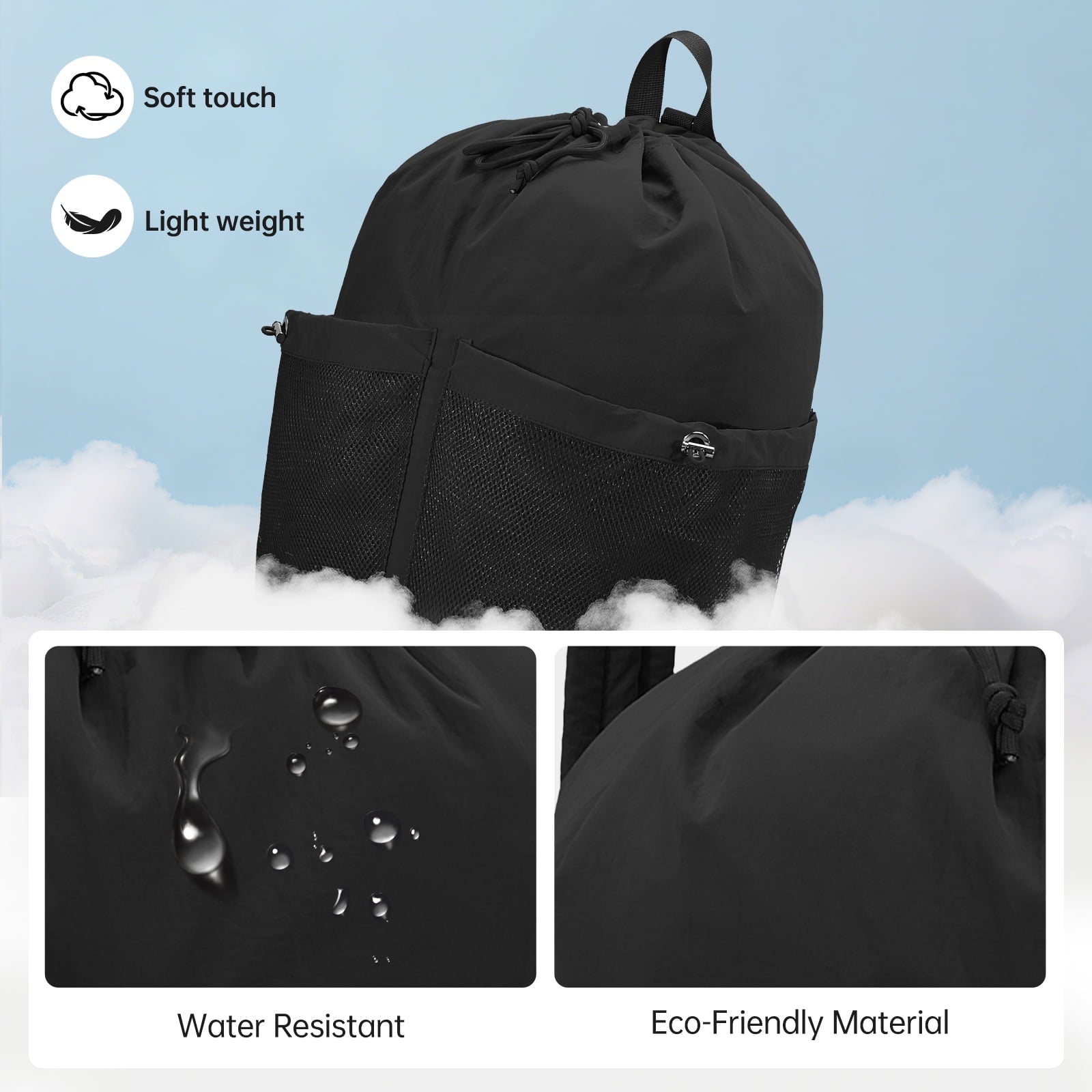 HAWEE Drawstring Backpack Sports Gym Bag with Mesh Pocket, Water-Resistant String Beach Sackpack Swim Bag for Women Men - KAMO