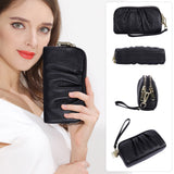 HAWEE Women's Wristlet Wallet Genuine Leather Double Zipper Casual Ruched Clutch Purse, Green