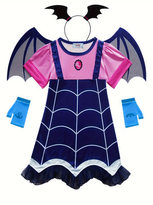 Adorable Girls' Vampirina Costume Set - Soft Velvet Halloween Dress with Detachable Bat Wings & Matching Headband - Perfect for Cosplay, Parties & Photoshoots - Sizes 2Y to 7Y - KAMO