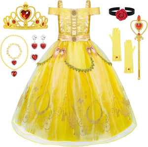Princess Dresses for Girls, Princess Costume for Girls with Crown, 11Pcs Princess Dress Up for Girls Toddler Age 3-8 - KAMO