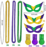 Mardi Gras Beads Necklaces Mask Coins Party Favors Set, 124pcs Mardi Gras Accessories Decorations Bulk for Kids Women Men Parades Carnival Games Toy Masquerade Party Decor Supplies - KAMO