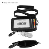 HAWEE Badge Holder with Zipper Genuine Leather RFID Keychain Wallet Neck Lanyards with Swivel Hook for Card/ Coin/ Cash, Black