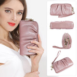 HAWEE Women's Wristlet Wallet Genuine Leather Double Zipper Casual Ruched Clutch Purse, Green