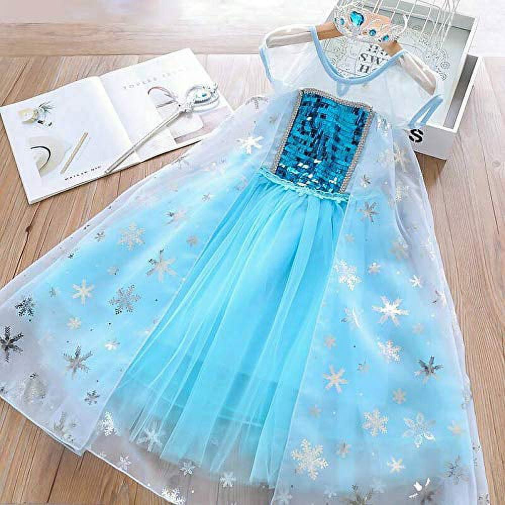 Princess Elsa Costume Party Dress for Kids with Tiara Necklaces and Wand - KAMO