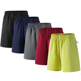 HAWEE 5 Pack Athletic Basketball Boys Shorts - with Zipper Pockets Basketball Soccer Quick Dry Teen Kids Sport Shorts Elastic Waist