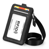 HAWEE Badge Holder with Zipper Genuine Leather RFID Keychain Wallet Neck Lanyards with Swivel Hook for Card/ Coin/ Cash, Black