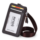 HAWEE Badge Holder with Zipper Genuine Leather RFID Keychain Wallet Neck Lanyards with Swivel Hook for Card/ Coin/ Cash, Black
