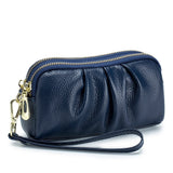 HAWEE Women's Wristlet Wallet Genuine Leather Double Zipper Casual Ruched Clutch Purse, Green