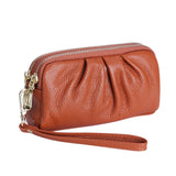 HAWEE Women's Wristlet Wallet Genuine Leather Double Zipper Casual Ruched Clutch Purse, Green