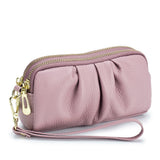 HAWEE Women's Wristlet Wallet Genuine Leather Double Zipper Casual Ruched Clutch Purse, Green