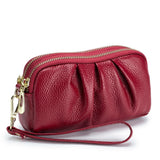 HAWEE Women's Wristlet Wallet Genuine Leather Double Zipper Casual Ruched Clutch Purse, Green