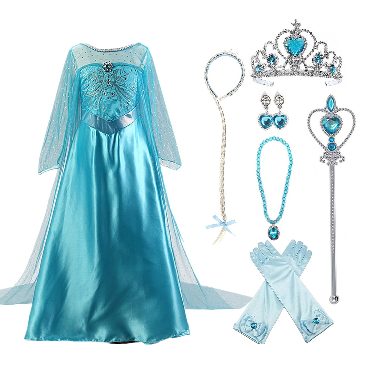 KAWELL Girls Princess Party Elsa Dress Little Girls Cosplay Costume with Accessories - KAMO