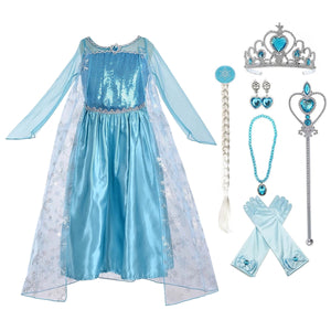 KAWELL Snow Queen Princess Elsa Costumes Birthday Dress Up for Little Girls with Crown,Mace,Gloves Accessories - KAMO