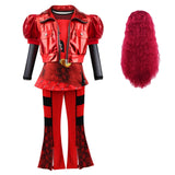 Kids Red Costume Girls Short Sleeves Jacket Top Flared Pants Wig 4pcs Halloween Princess Dress up 5-15Y