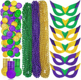 Mardi Gras Beads Necklaces Mask Coins Party Favors Set, 124pcs Mardi Gras Accessories Decorations Bulk for Kids Women Men Parades Carnival Games Toy Masquerade Party Decor Supplies - KAMO