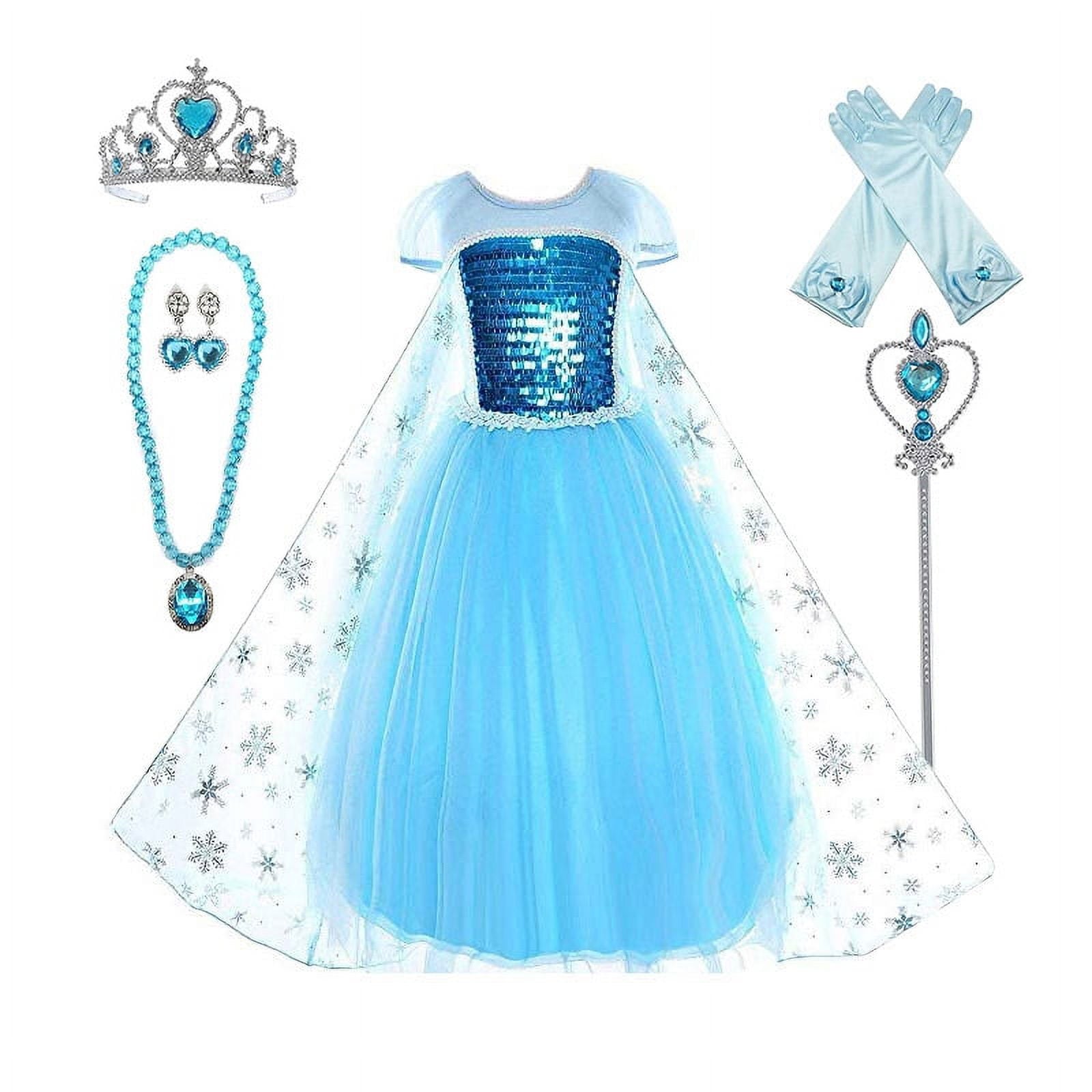 Princess Elsa Costume Party Dress for Kids with Tiara Necklaces and Wand - KAMO