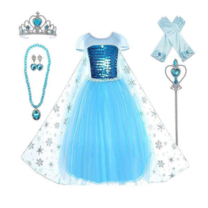Princess Elsa Costume Party Dress for Kids with Tiara Necklaces and Wand - KAMO