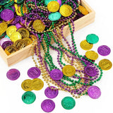 200pcs Mardi Gras Coins & 24pcs Necklaces - Gold/Green/Purple Party Decorations for Parades & Masquerade Favors - KAMO