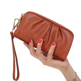 HAWEE Women's Wristlet Wallet Genuine Leather Double Zipper Casual Ruched Clutch Purse, Green