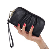 HAWEE Women's Wristlet Wallet Genuine Leather Double Zipper Casual Ruched Clutch Purse, Green
