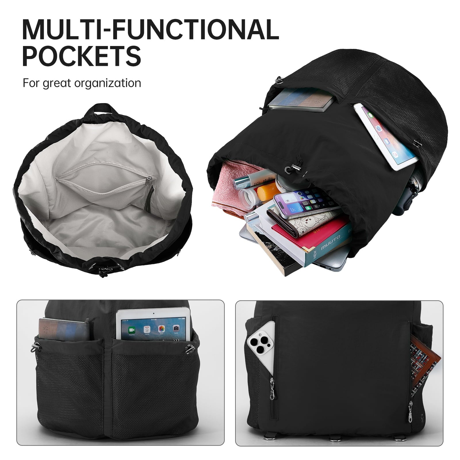 HAWEE Drawstring Backpack Sports Gym Bag with Mesh Pocket, Water-Resistant String Beach Sackpack Swim Bag for Women Men - KAMO