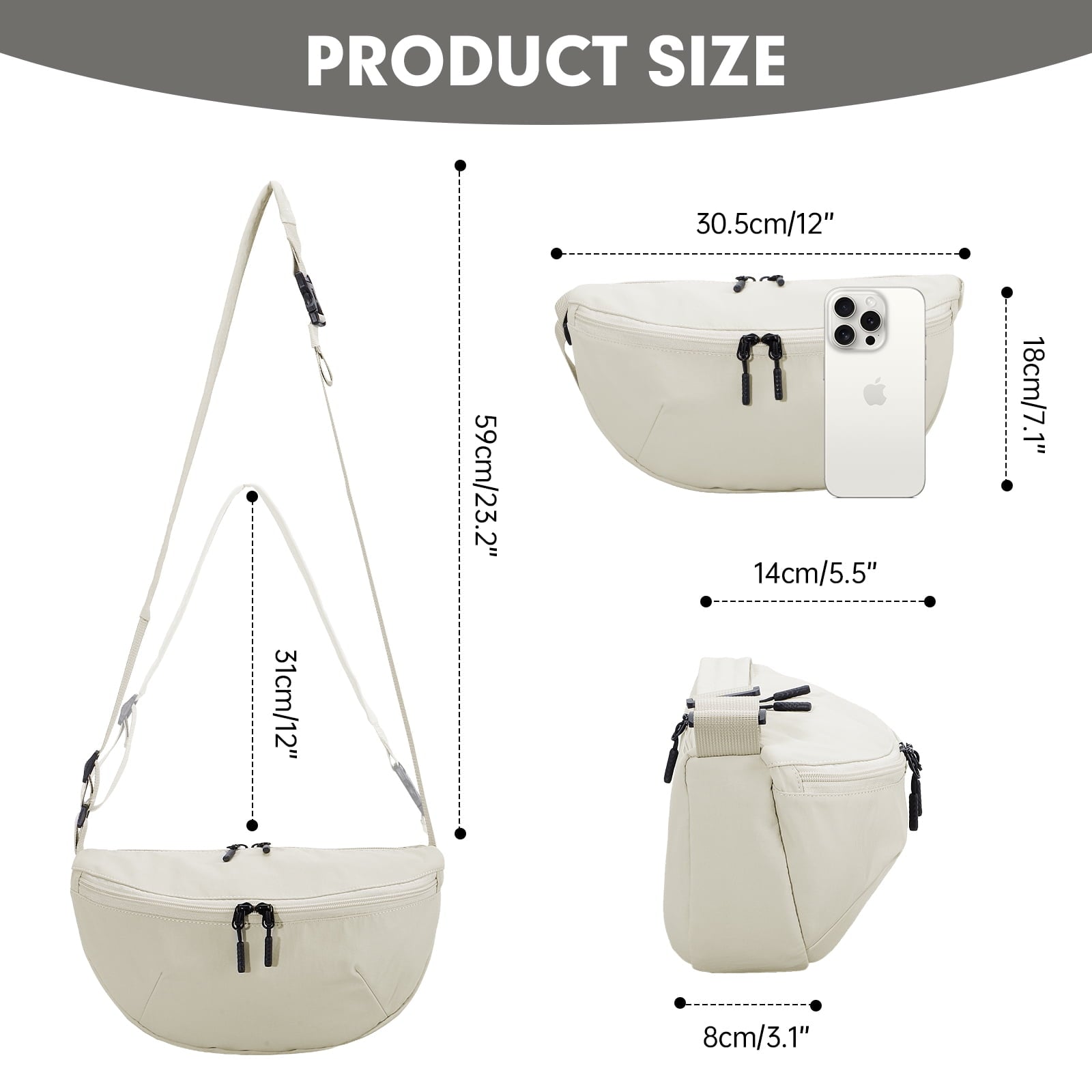HAWEE Pure Colour Crossbody Bag Bum Bag for Women,Two Way Zipper Belt Bag with Adjustable Strap,Fashion Waist Packs for Traveling Workout - KAMO