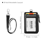 HAWEE Badge Holder with Zipper Genuine Leather RFID Keychain Wallet Neck Lanyards with Swivel Hook for Card/ Coin/ Cash, Black