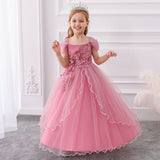 HAWEE Flower Girls Embroidery Lace Bridesmaid Dress Beaded Wedding Party Full Length Dance Gown for Girls 4-14 Years - KAMO