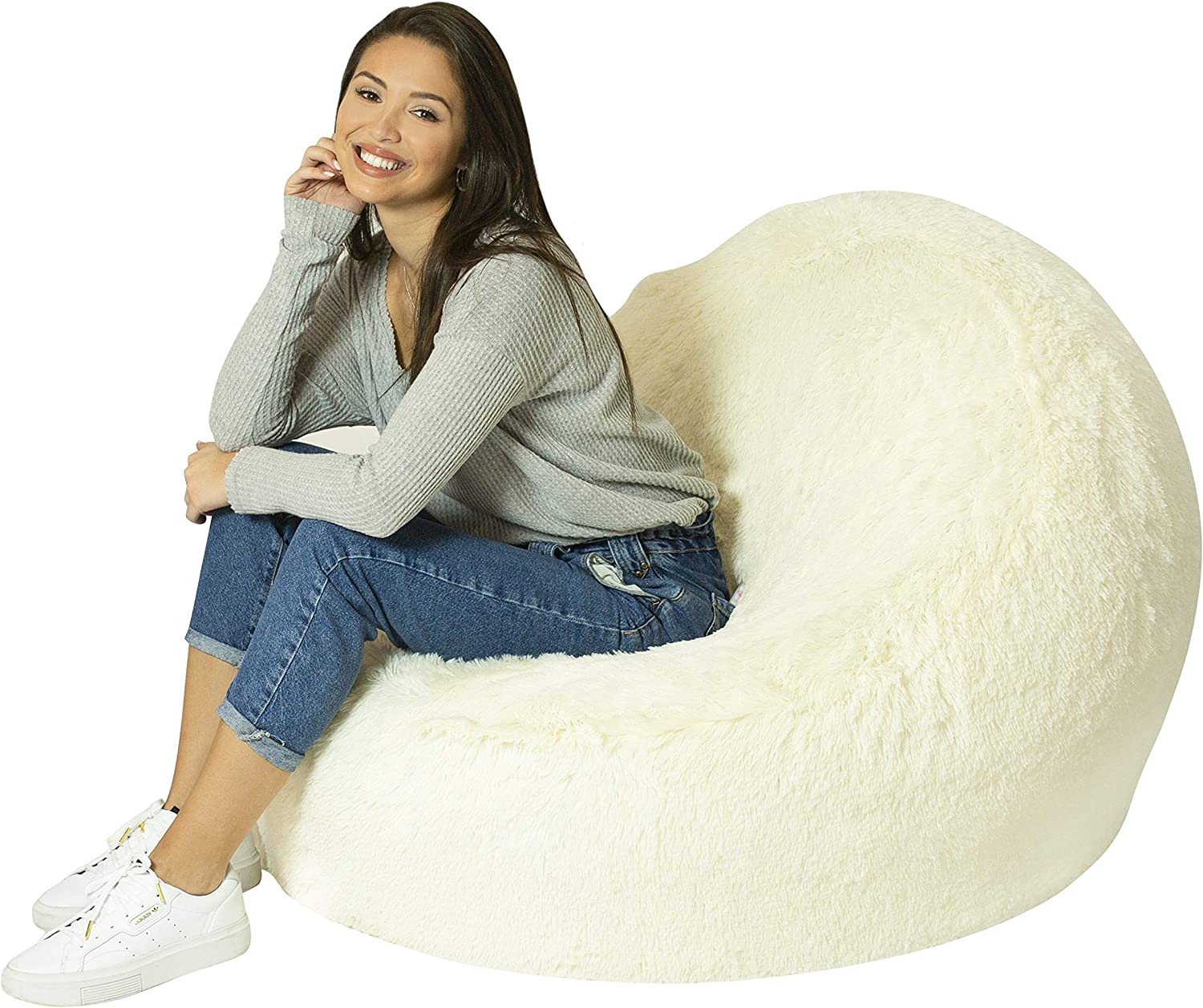 White Inflatable Chair, Premium Quality, Softer, Fluffier Fur, Contemporary Accent Chair for Bedroom, Dorm, Living Room, Gaming, Removable and Washable Fur Cover - KAMO